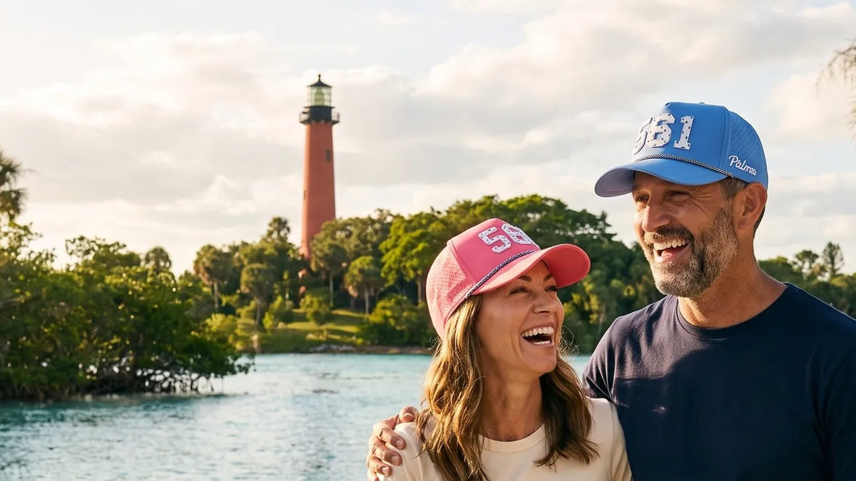 Couple wearing Palmr 561 Signature hats at Jupiter Inlet with the Jupiter Inlet Lighthouse behind them