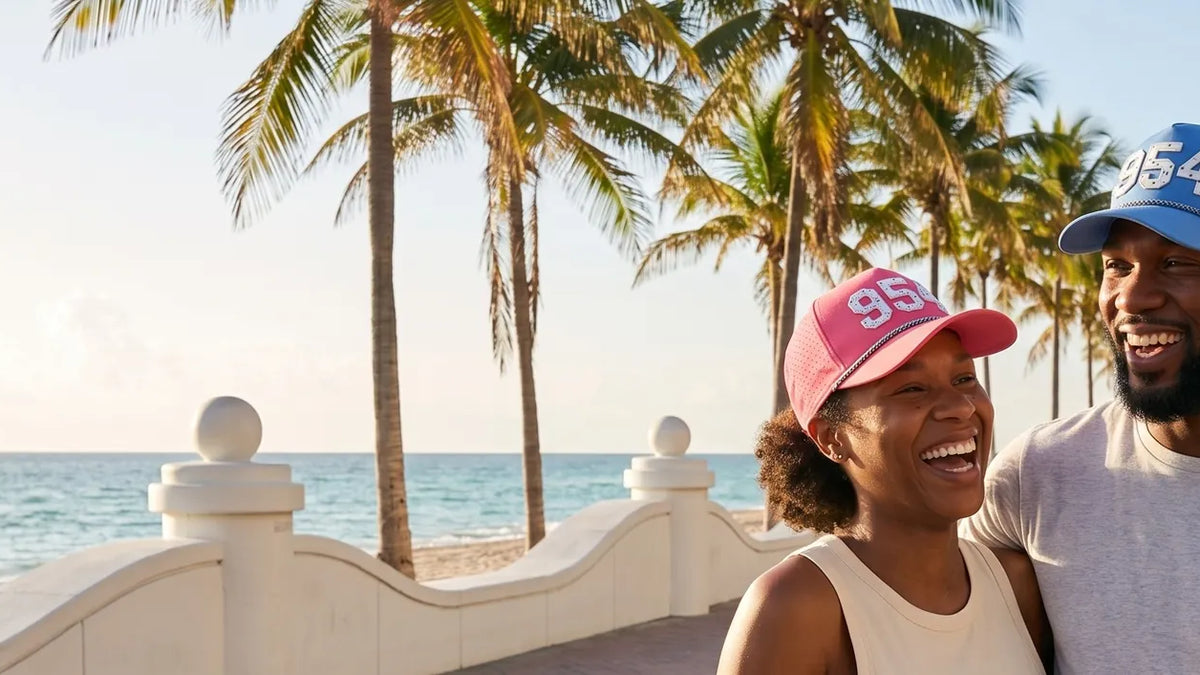 Couple wearing Palmr 954 Signature hats at the white wave wall on Fort Lauderdale Beach