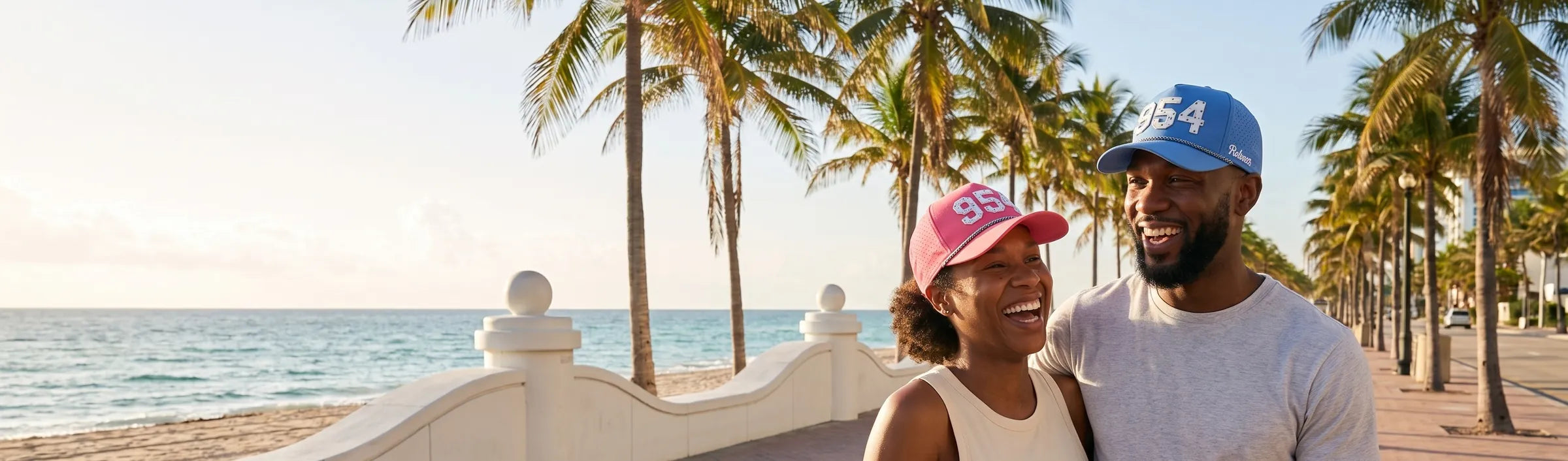 Couple wearing Palmr 954 Signature hats at the white wave wall on Fort Lauderdale Beach