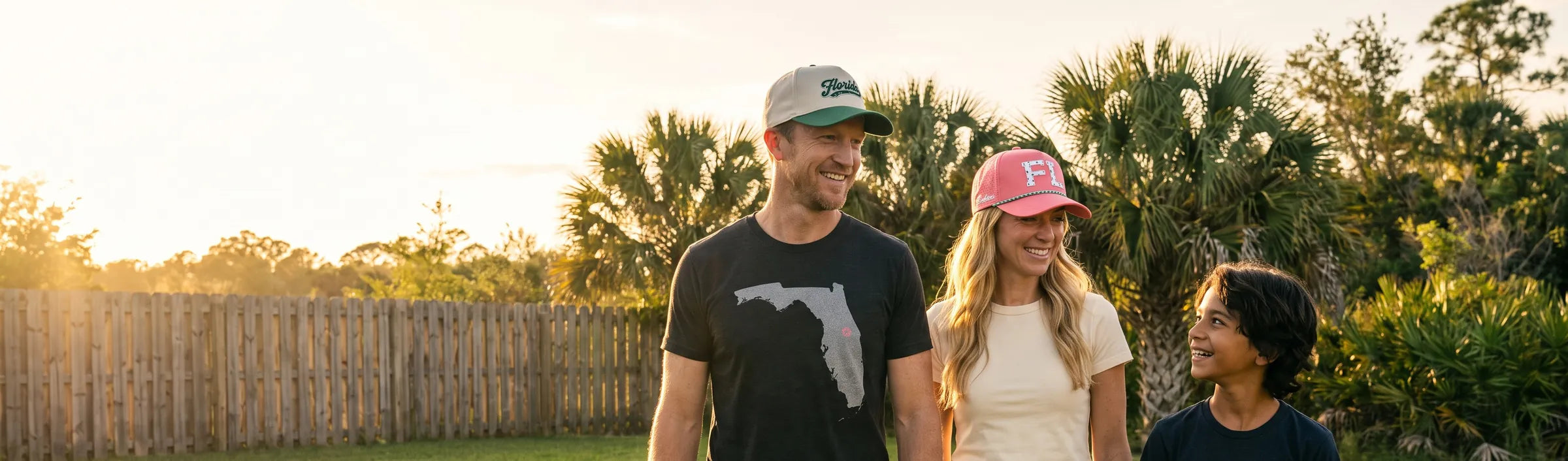 A family walking across a Florida yard at golden hour - father and son in matching Florida Tees with the grey state print, mother in a pink FL Signature cap, father in a green Florida Heritage cap