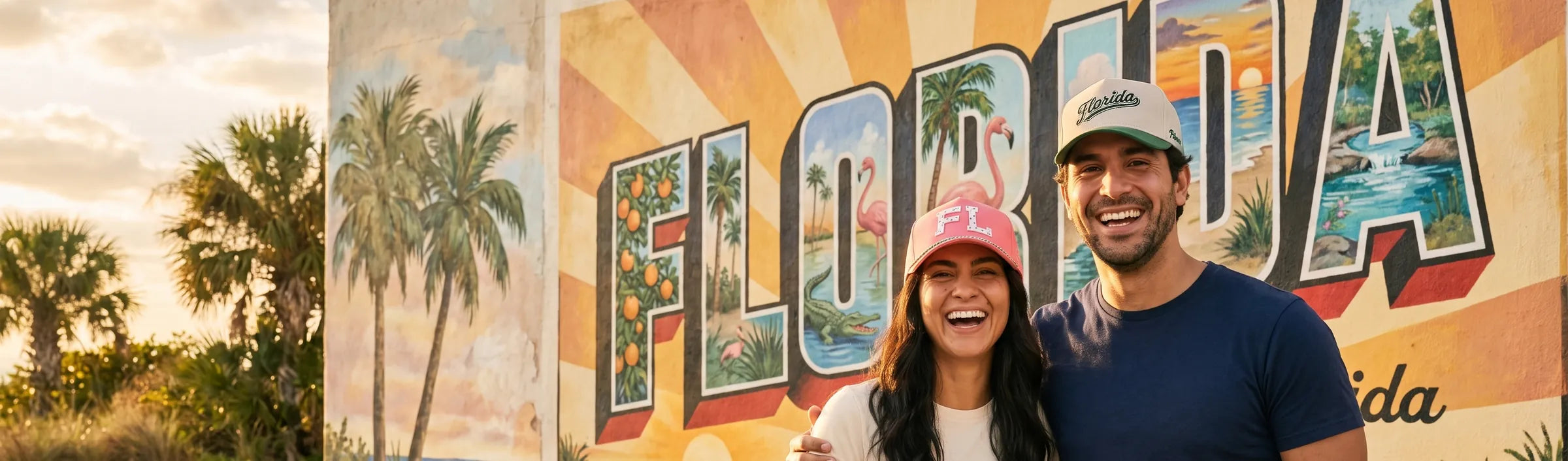 Couple wearing Palmr Florida Heritage and FL Signature hats in front of a vintage Florida postcard mural
