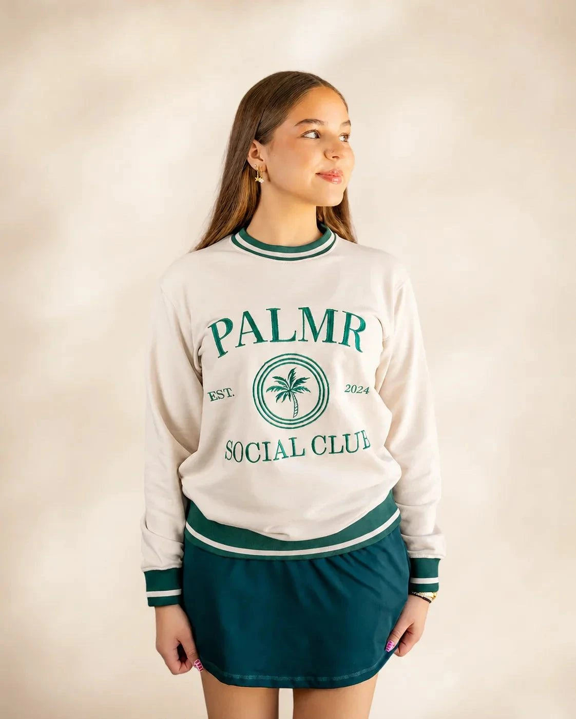 Cream Palmr Social Club varsity crewneck sweatshirt with green stripes and vintage letterman style