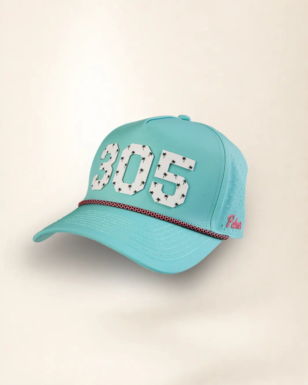 A turquoise baseball cap with '305' in white varsity-style letters outlined with small black stars on the front, a thin red and black patterned stripe across the brim, and a small red script logo on the side, shown against a plain light beige background.