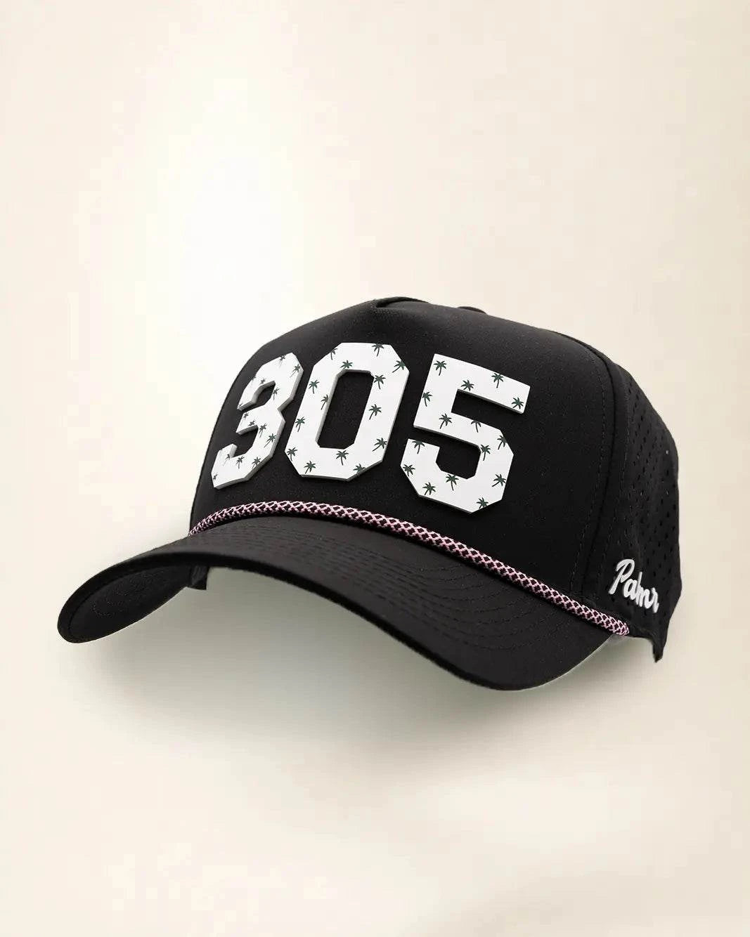 Black 305 hat with palm design, water-resistant and stylish for Florida heat