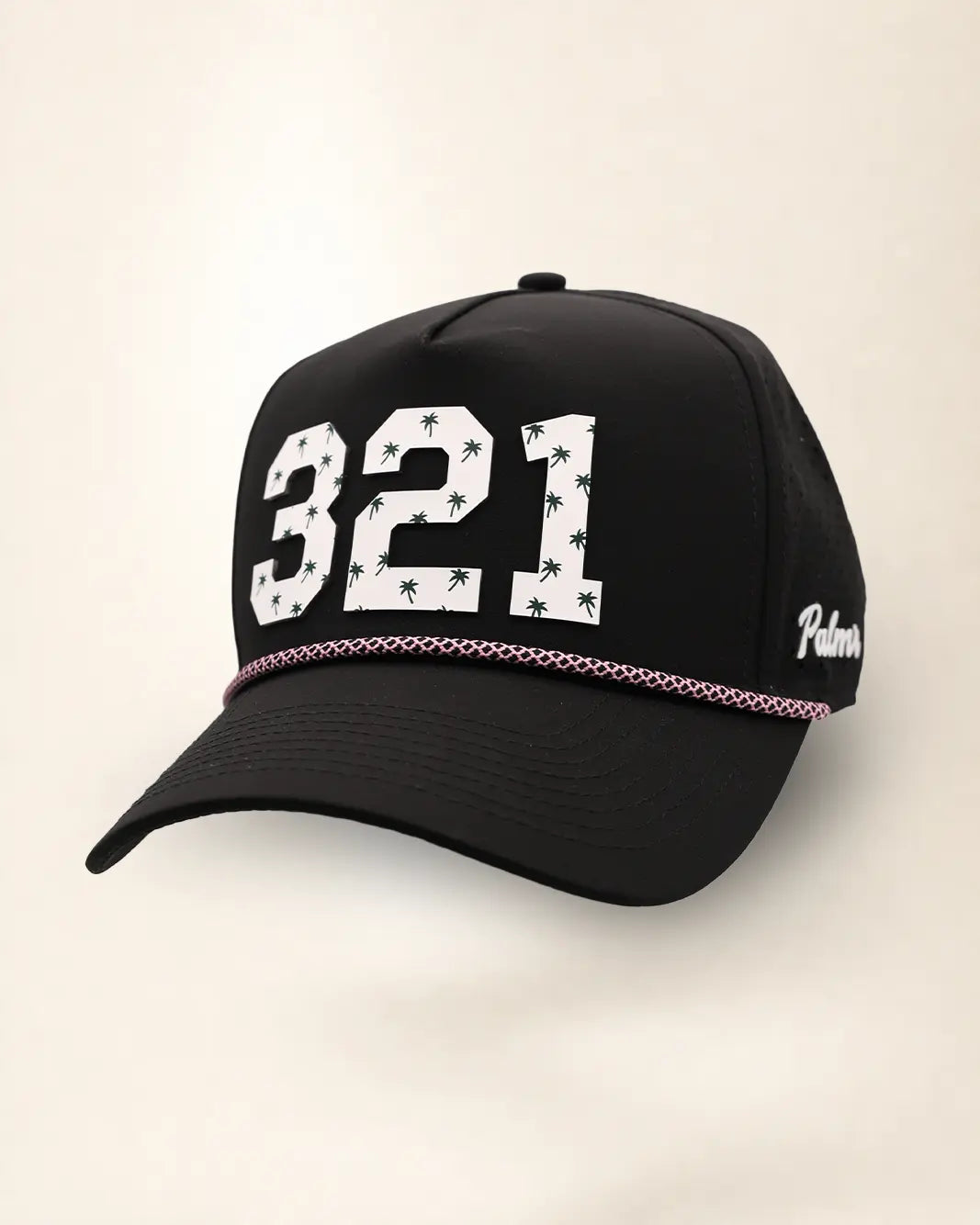 The 321 Signature Hat (Black): black rope snapback with 321 in white palm-print letters, black and white brim rope, Palmr script on the side.