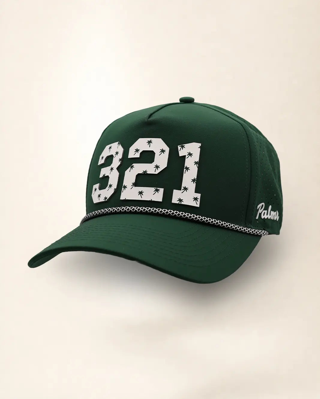 The 321 Signature Hat (Green): dark green rope snapback with 321 in white palm-print letters, black and white brim rope, Palmr script on the side.