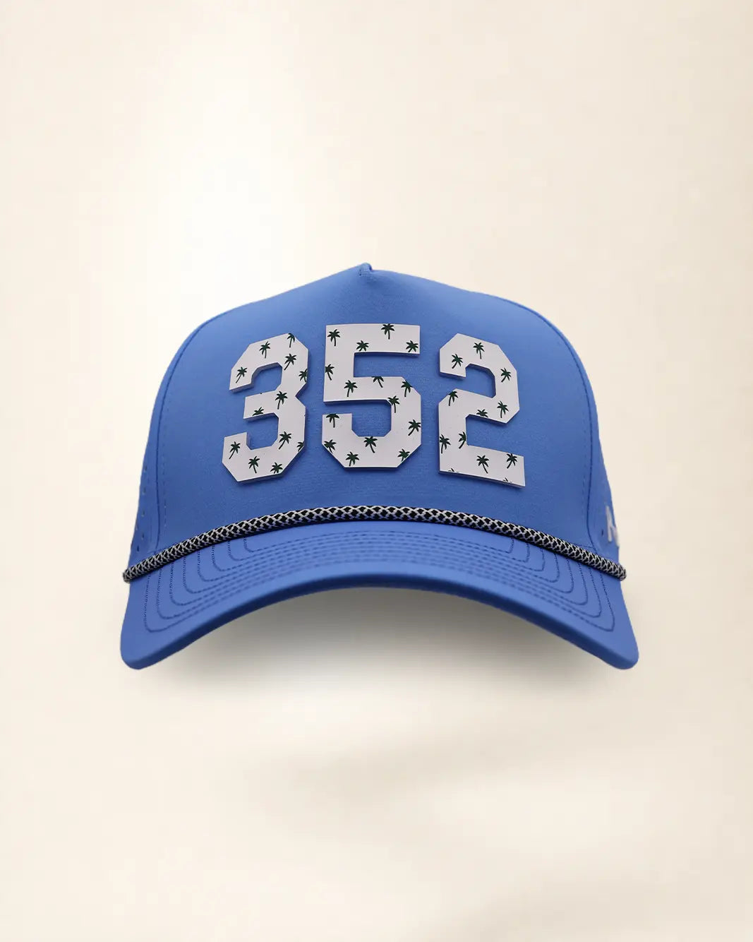 The 352 Signature Hat (Blue), front view: white raised 352 with small palm print on a blue crown, black and white rope along the brim.