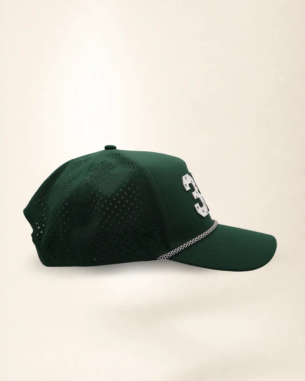 The 352 Signature Hat (Green): dark green rope snapback, white 352 with small green palm trees, black and white braided rope, perforated sides.