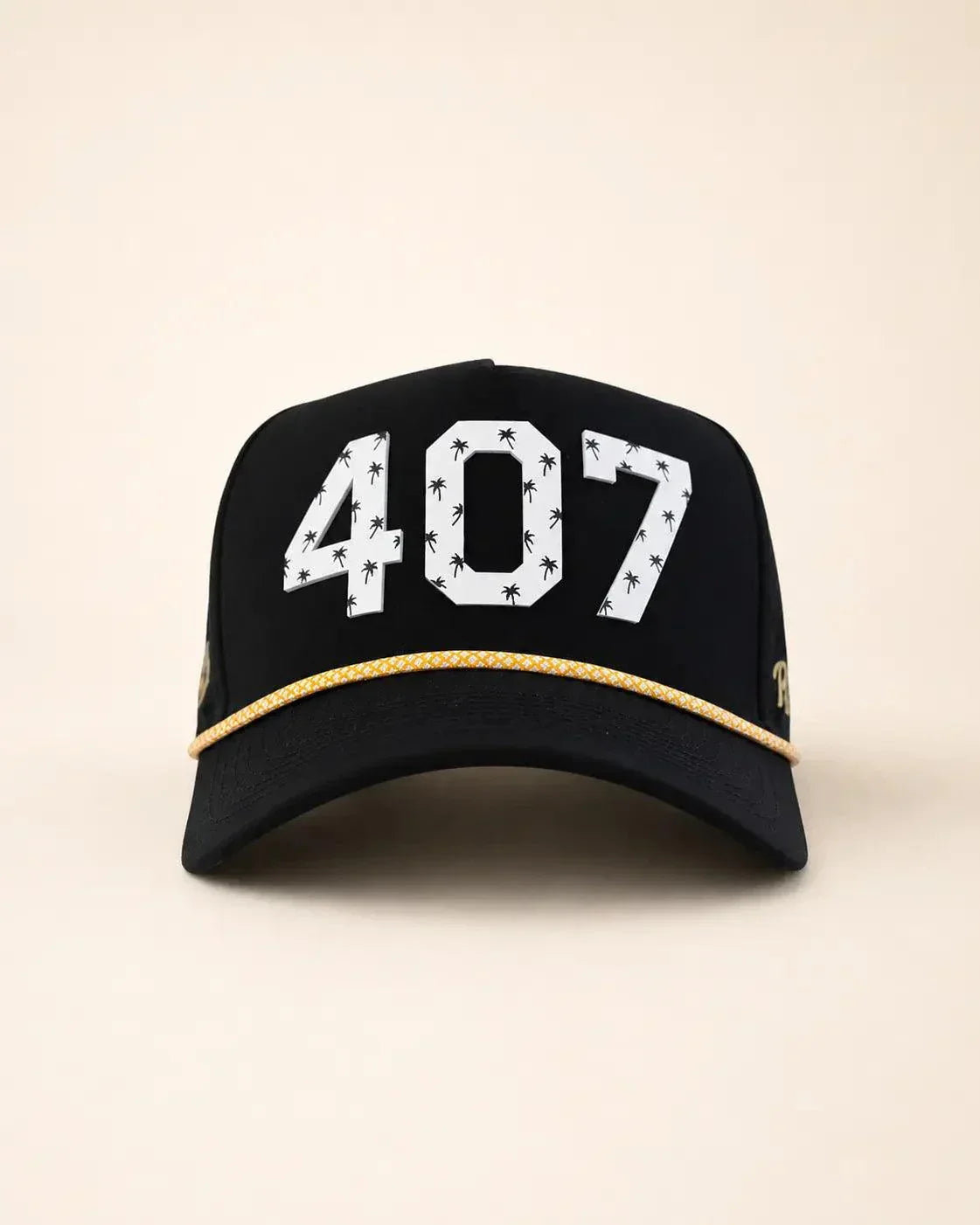 The 407 Signature Hat in black and gold with Orlando area code and gold rope detailing