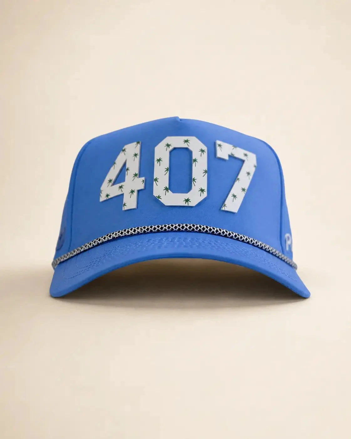 Blue The 407 Hat with white silicone area code and palm design on structured rope front