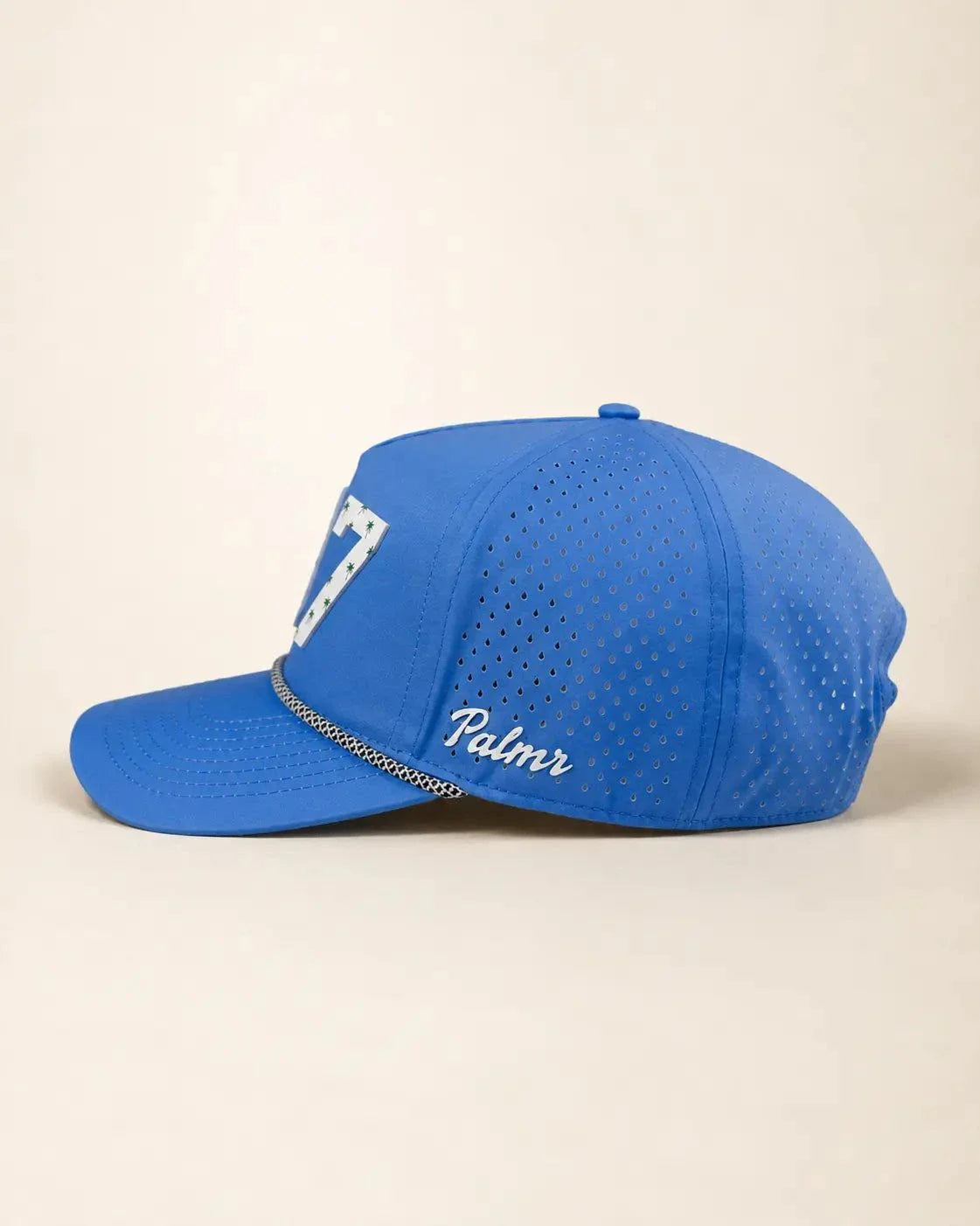 Blue The 407 Hat with white silicone area code and palm design on structured rope front, water-resistant and breathable for Orlando water days