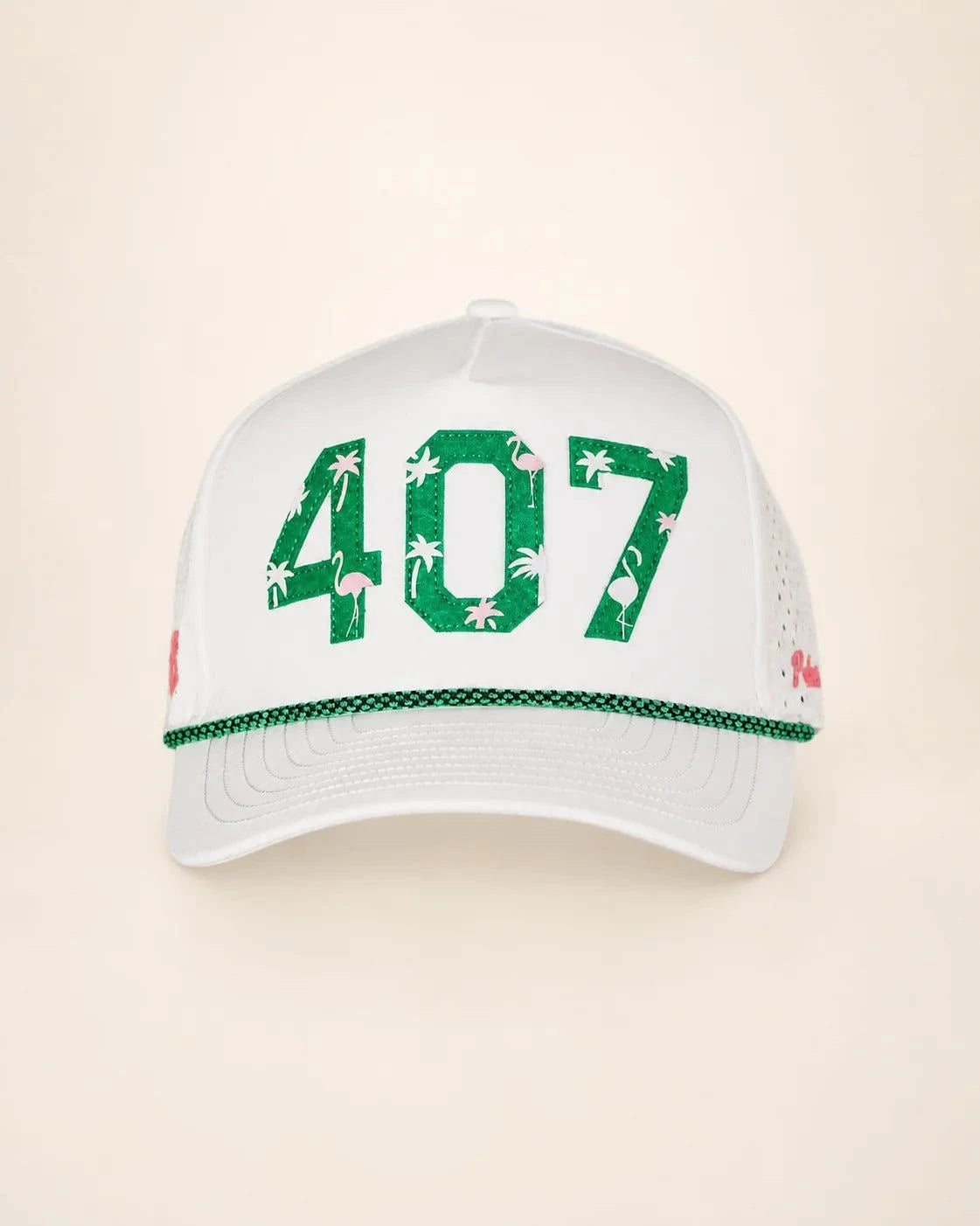 White 407 Hat with Palm Green embroidery and rope detail, structured five-panel snapback, breathable and water-resistant fabric