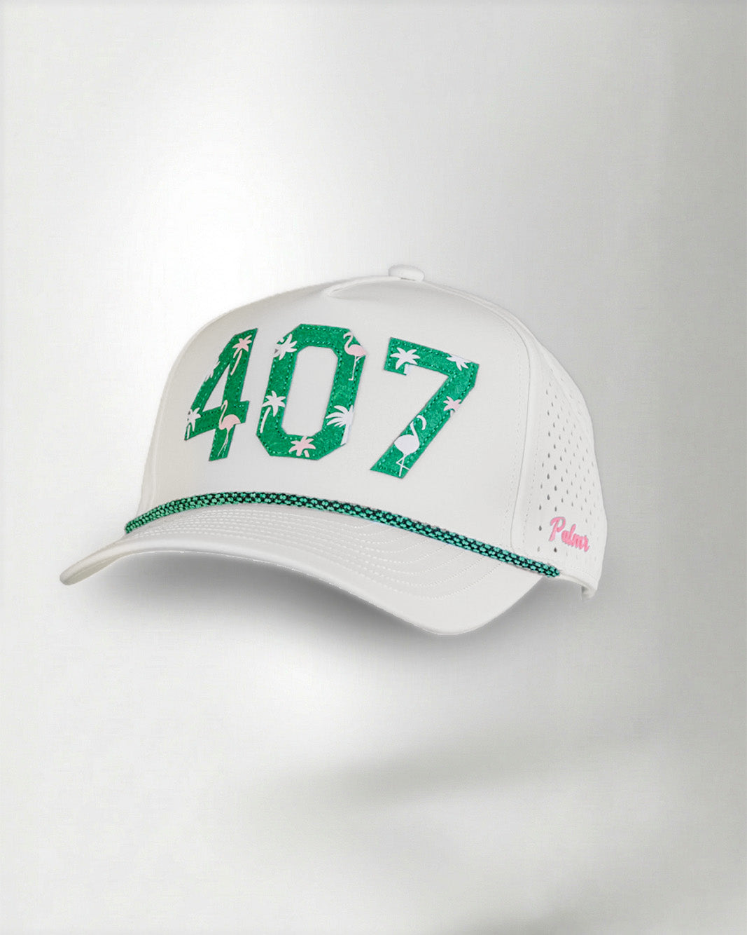 White cap with green text and details on a light gray background