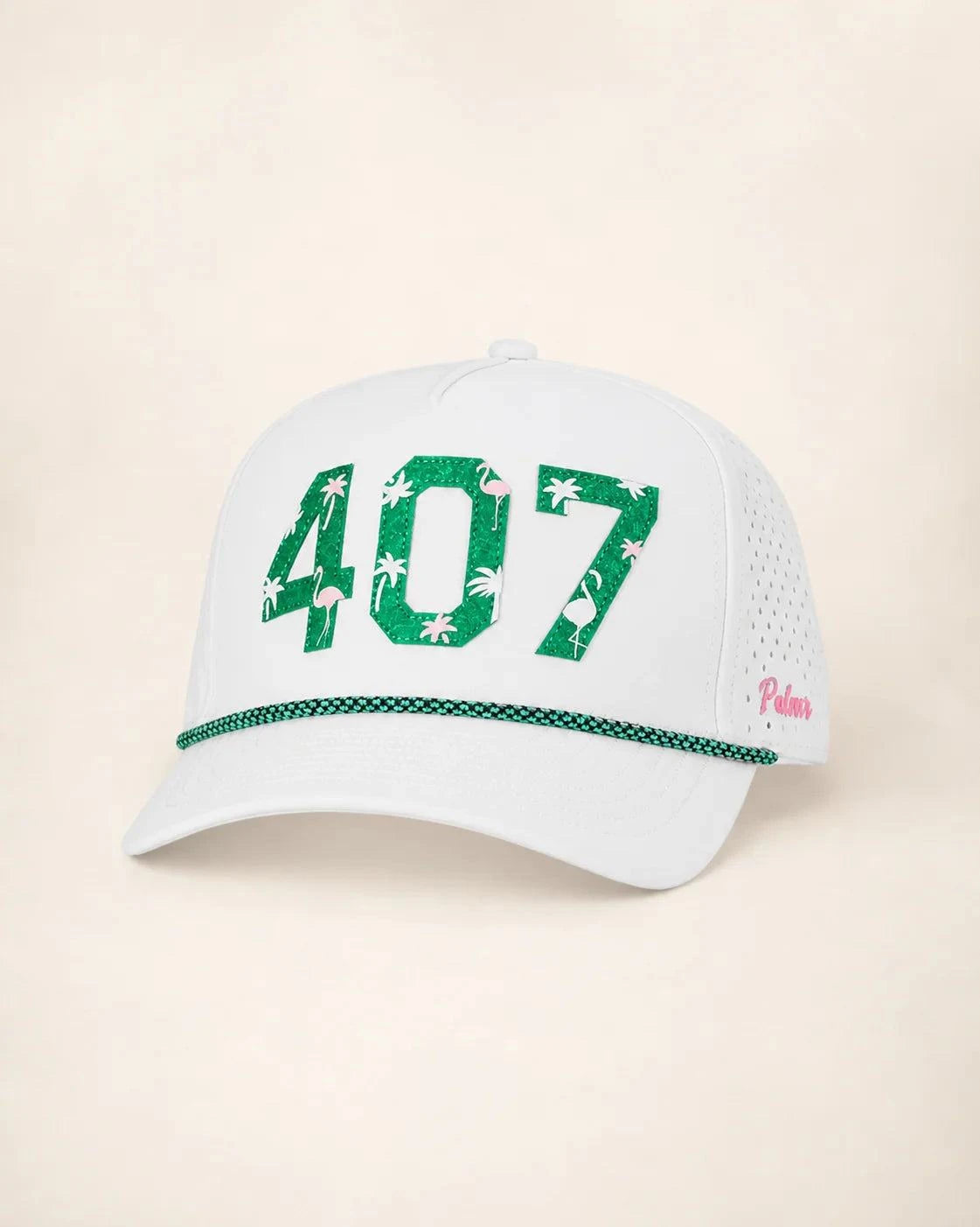 White 407 Hat with Palm Green embroidery, structured five-panel fit, rope detail, and snapback closure
