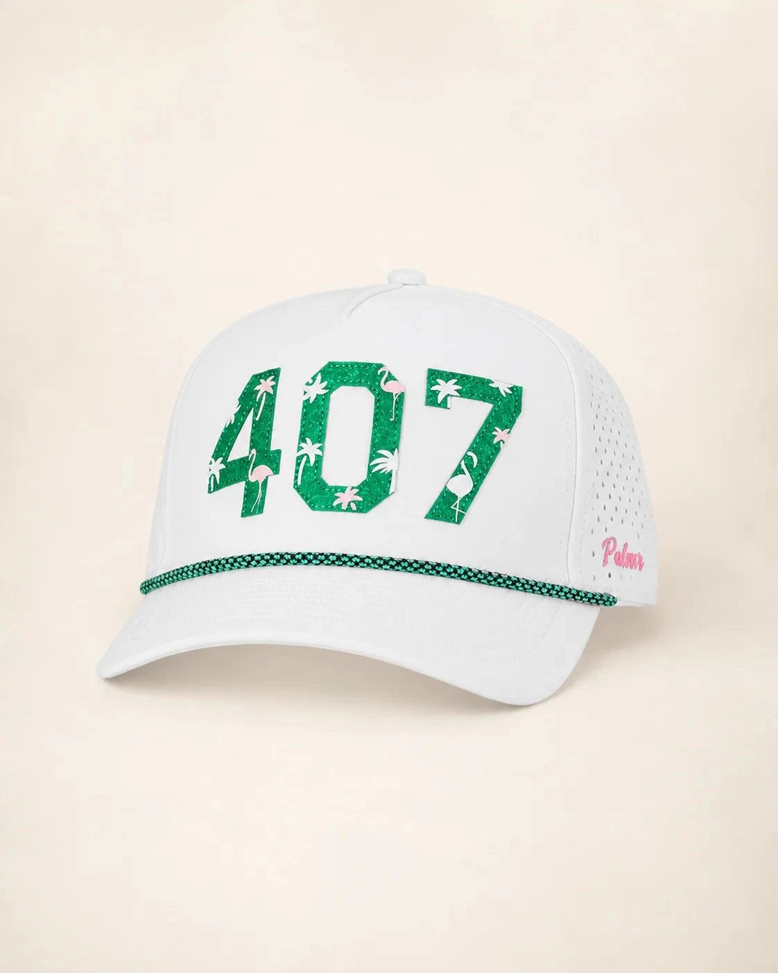 White 407 Hat with Palm Green embroidery, structured five-panel fit, rope detail, and snapback closure