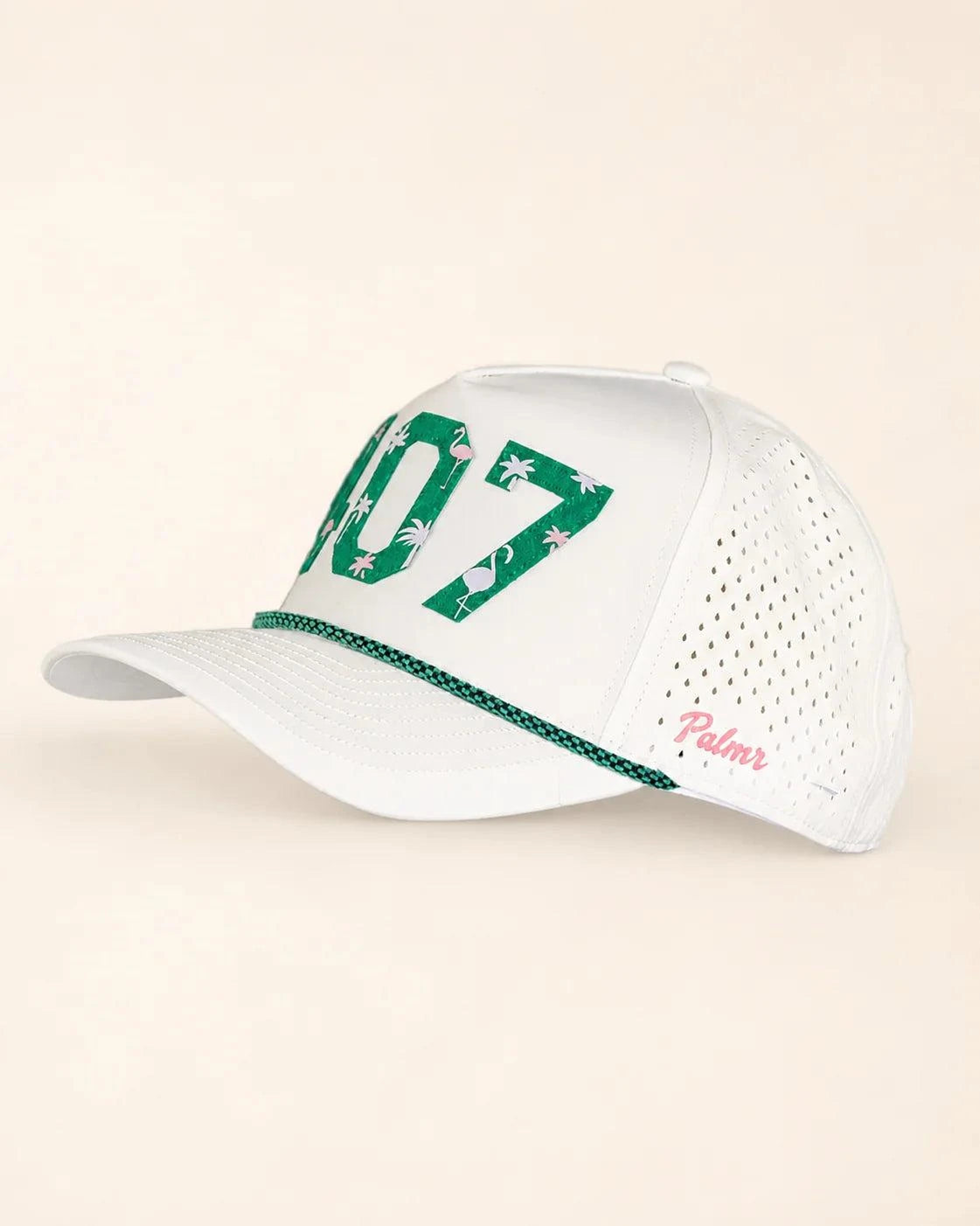 The 407 Hat white snapback with Palm Green 407 embroidery and rope detail