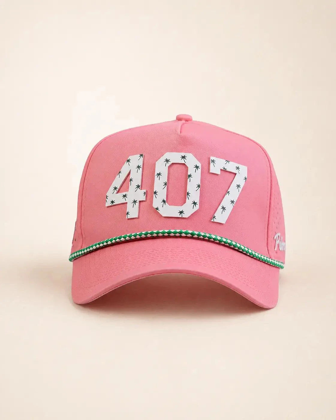 Pink 407 Hat with Orlando area code and palm design, water-resistant and heat-friendly