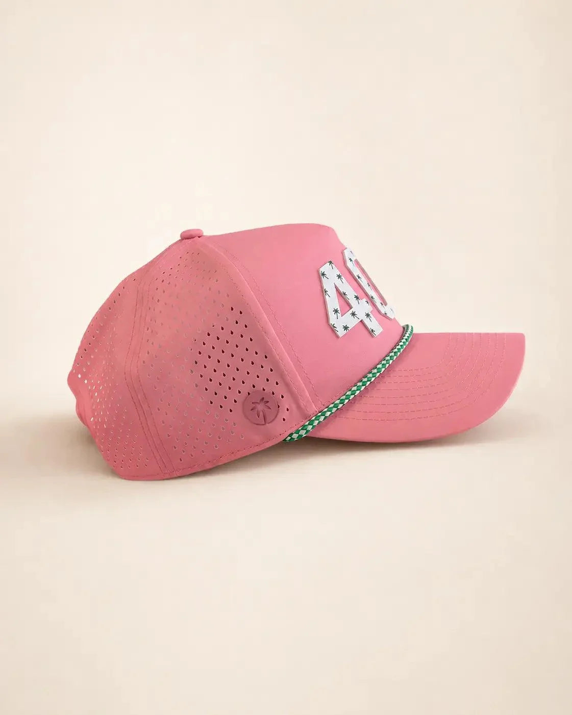 Pink 407 Hat with white Orlando area code and palm design, water-resistant and structured rope cap for Florida heat