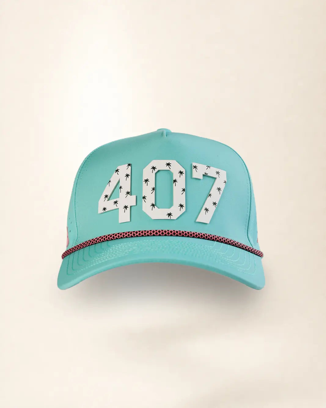 A light turquoise baseball cap featuring the number '407' in white with black star patterns on the front, and a red and black patterned rope detail across the brim.