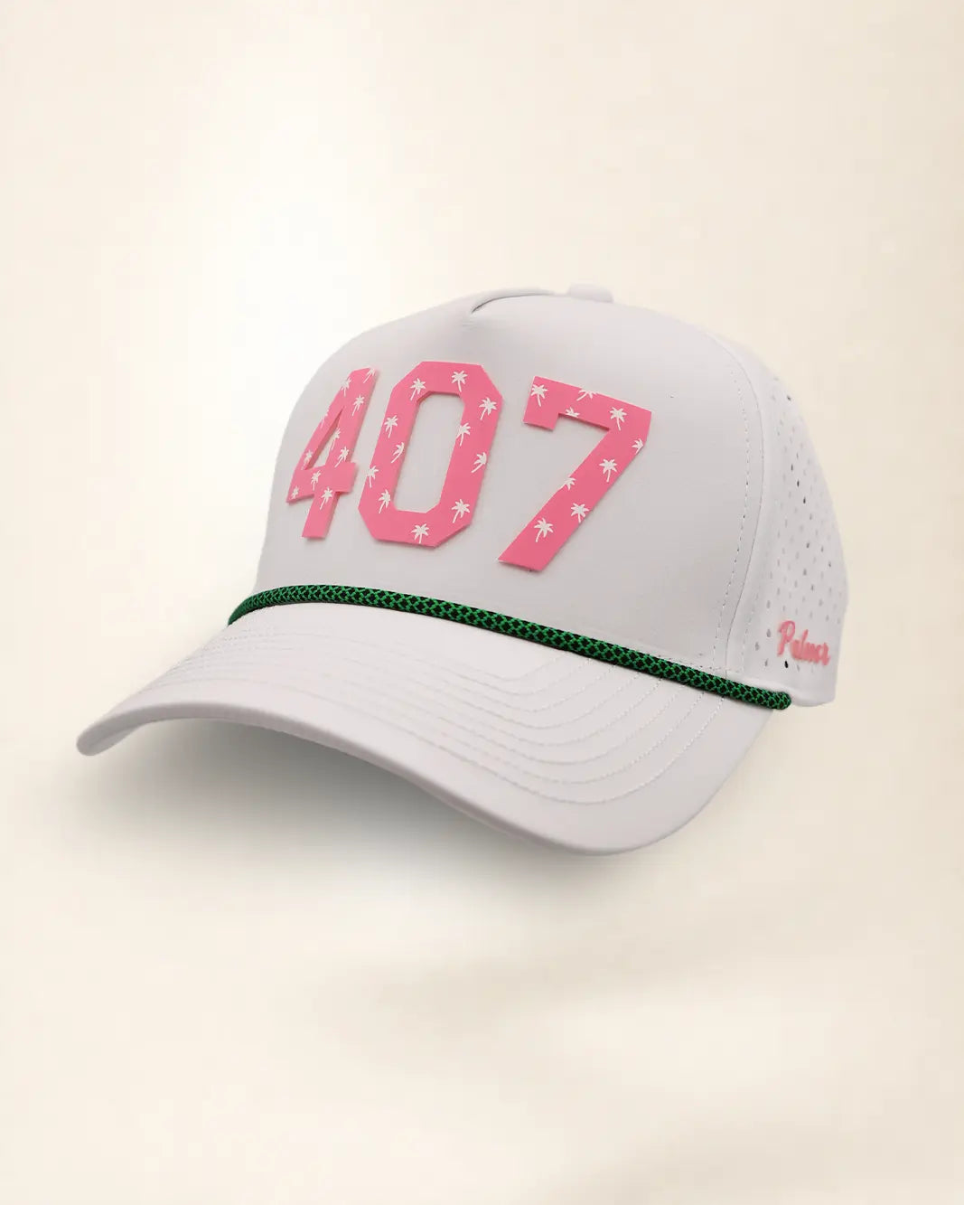 The 407 Signature Hat (Pink on white): white rope snapback with 407 in pink palm-print letters, pink rope, perforated sides, pink Palmr script.