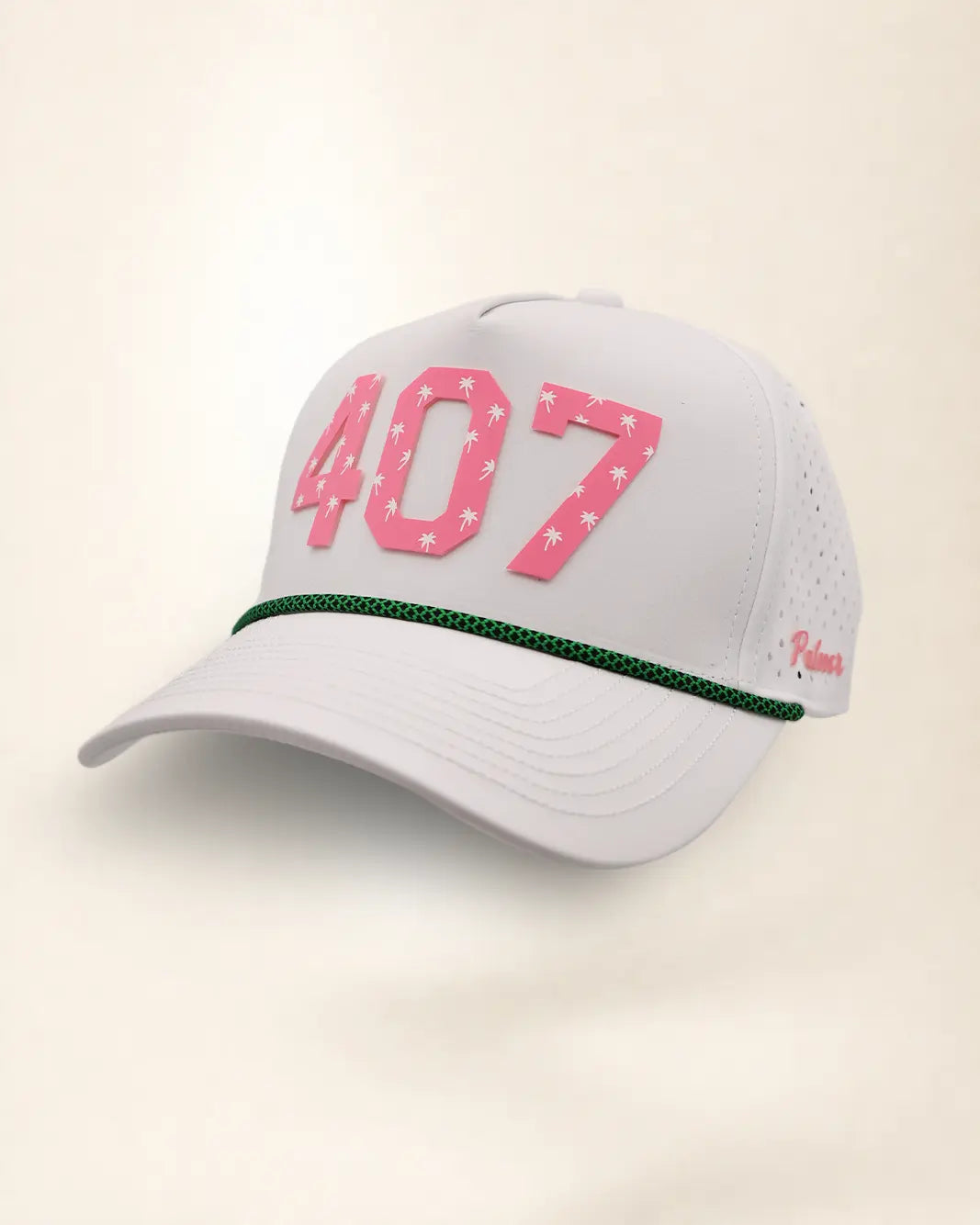 The 407 Signature Hat (Pink on white): white rope snapback with 407 in pink palm-print letters, pink rope, perforated sides, pink Palmr script.