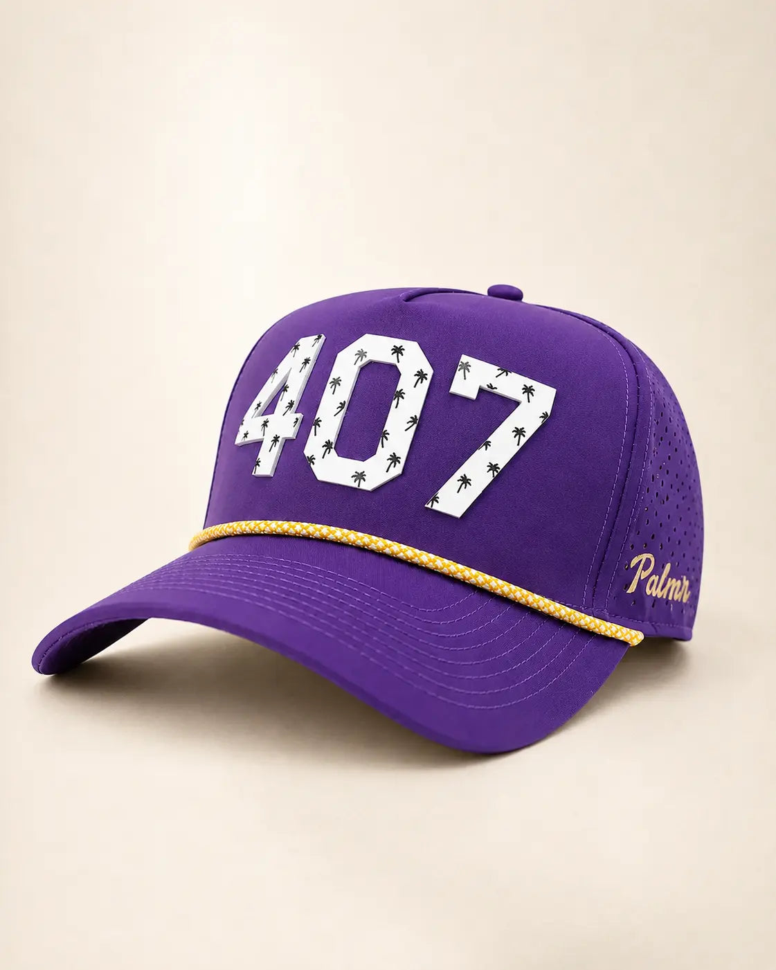 A purple baseball cap with '407' in white varsity-style lettering on the front, a thin gold chain detail across the brim, and 'Palmr' embroidered in gold on the side, set against a light beige background.