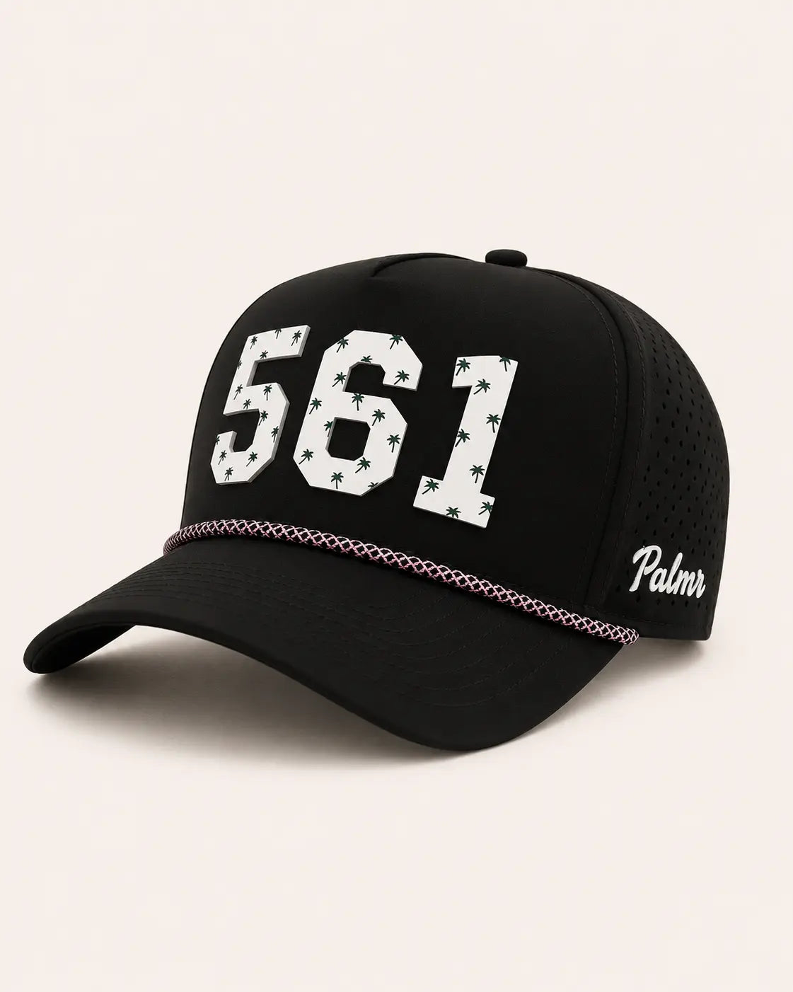Black cap with '561' and 'Palmer' text on a light beige background