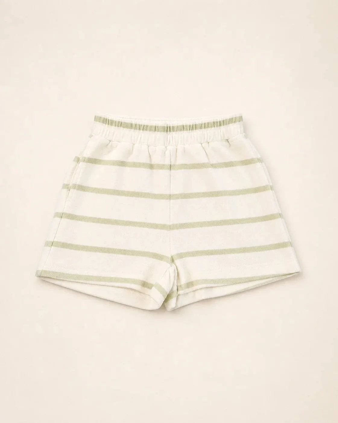 The Cabana Green Stripe Shorts in cream and palm green with hidden pocket for insulin pump.