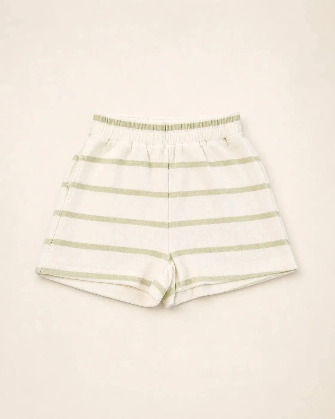 The Cabana Green Stripe Shorts in cream and palm green with hidden pocket for insulin pump.