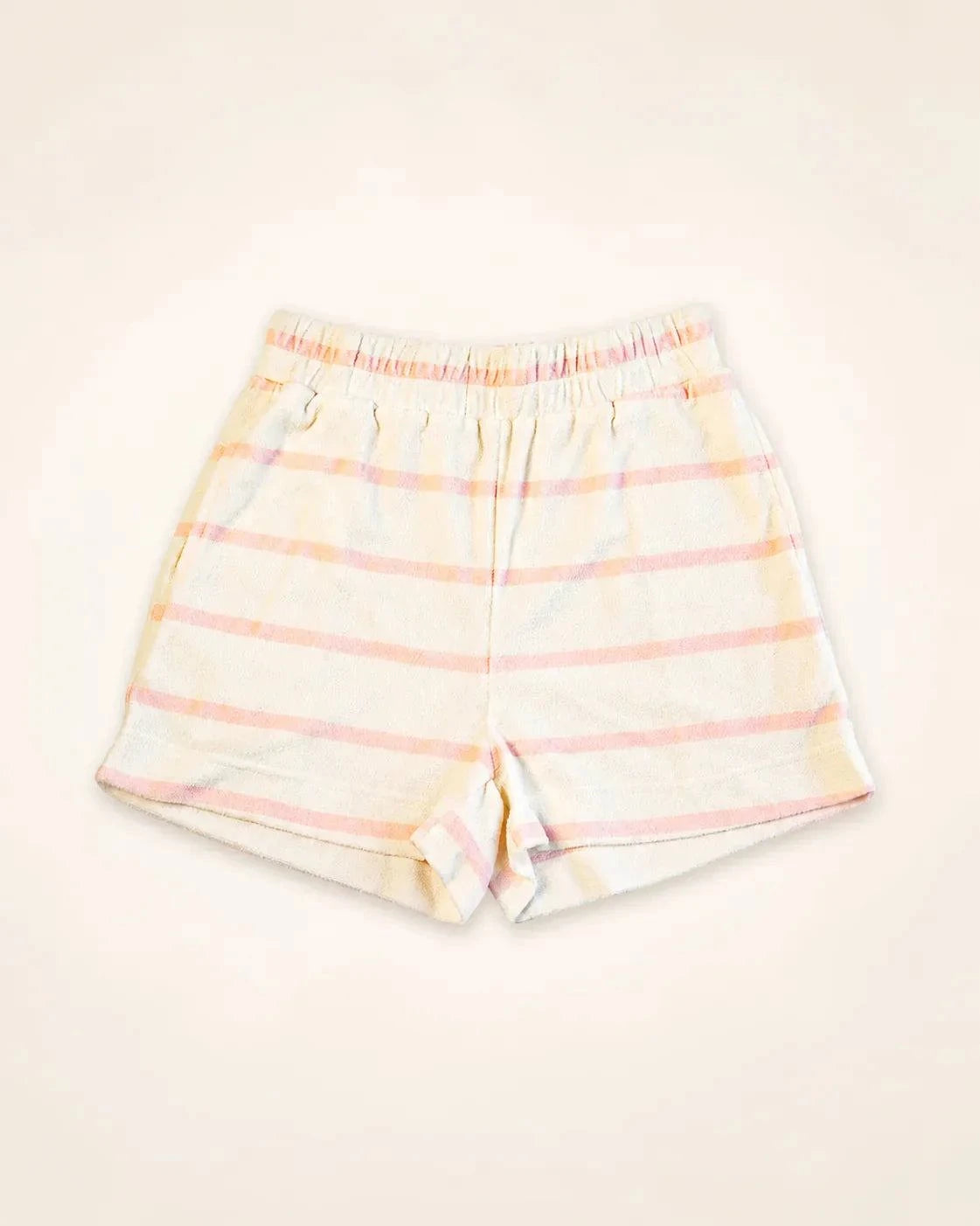 Cabana Pink Stripe Shorts in plush micro-terry cloth with cream and pink stripes and hidden insulin pump pocket