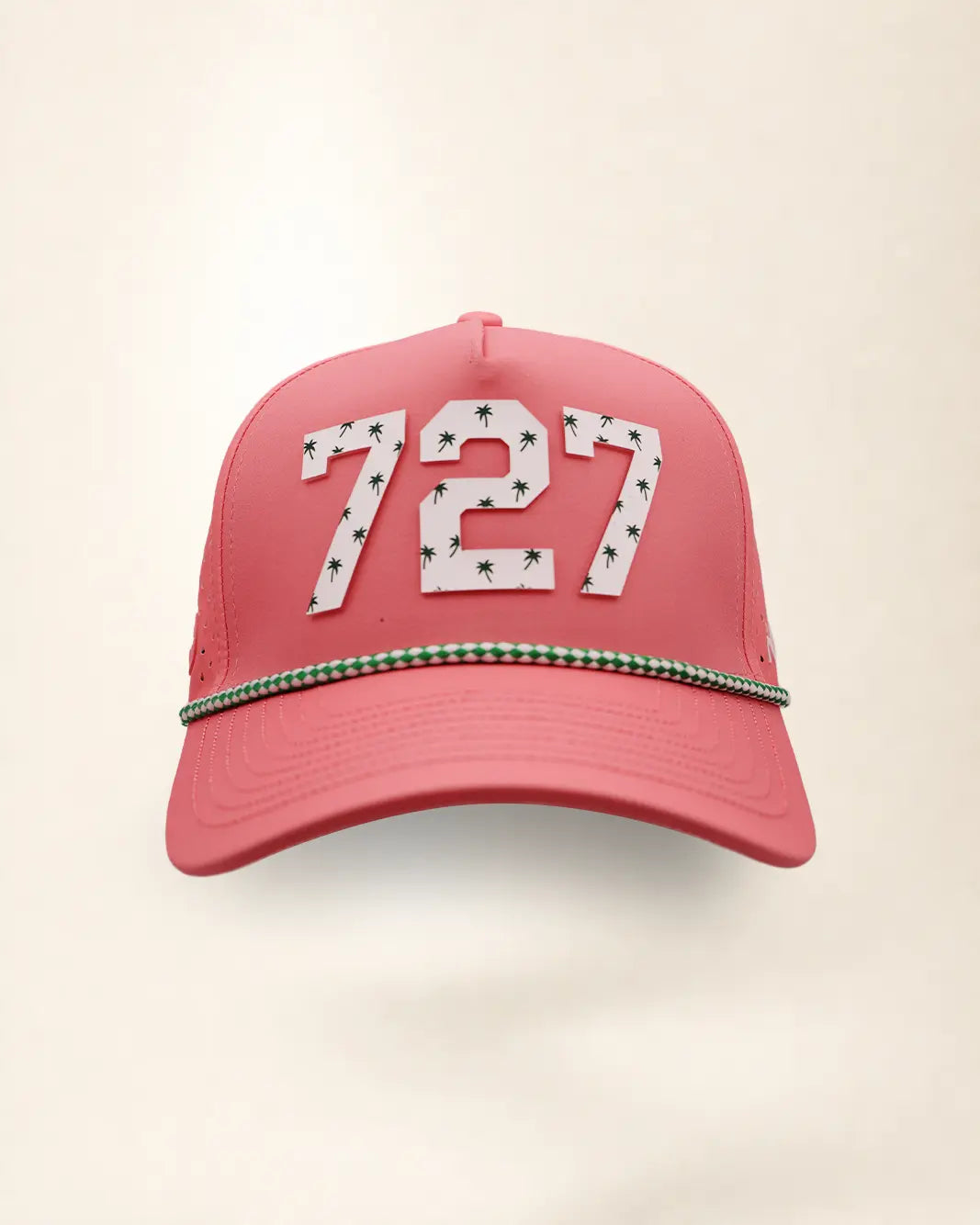 The 727 Signature Hat (Pink), front view: white raised 727 with small palm print on a pink crown, green and white rope along the brim.