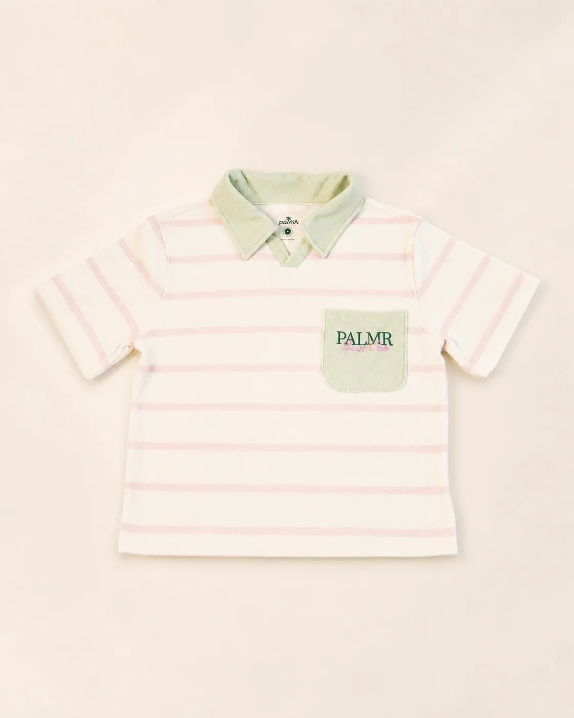 The Cabana Pink Stripe Top soft micro-terry cloth cream base with pink stripes and palm green collar in relaxed fit