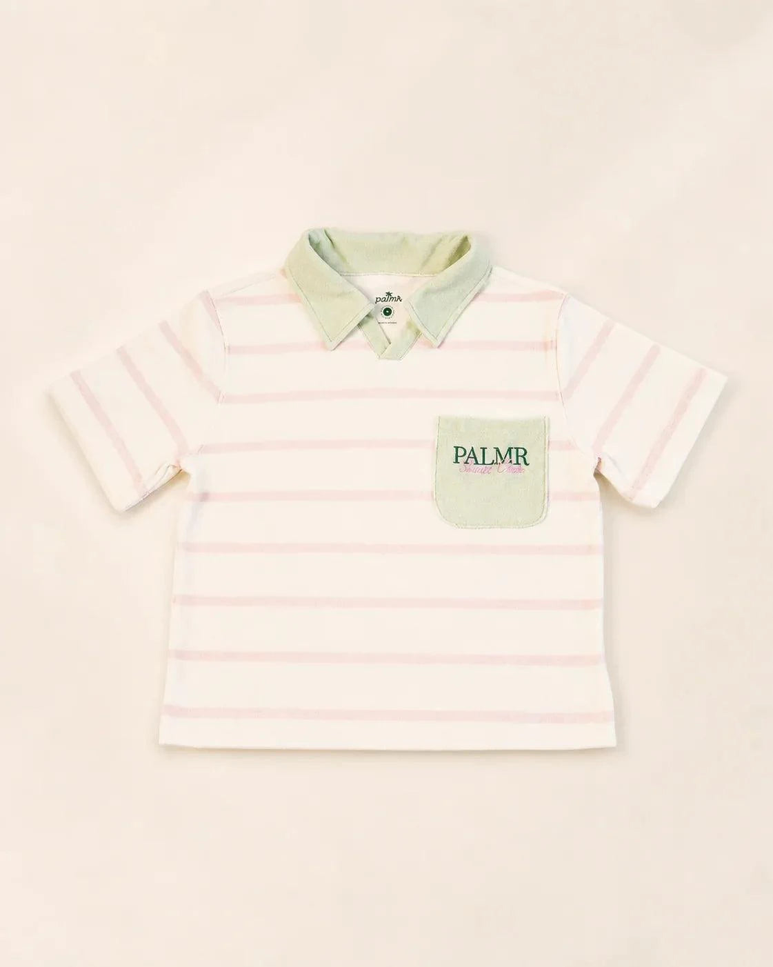 The Cabana Pink Stripe Top soft micro-terry cloth cream base with pink stripes and palm green collar in relaxed fit