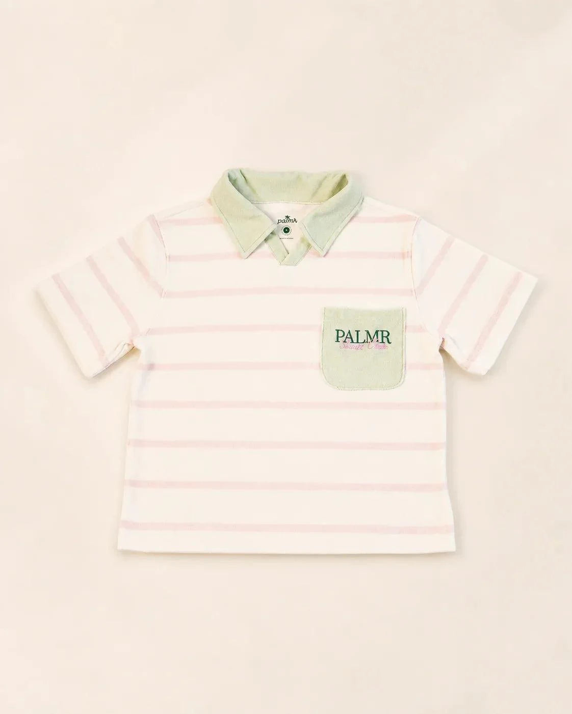 The Cabana Pink Stripe Top soft micro-terry cloth cream base with pink stripes and palm green collar in relaxed fit