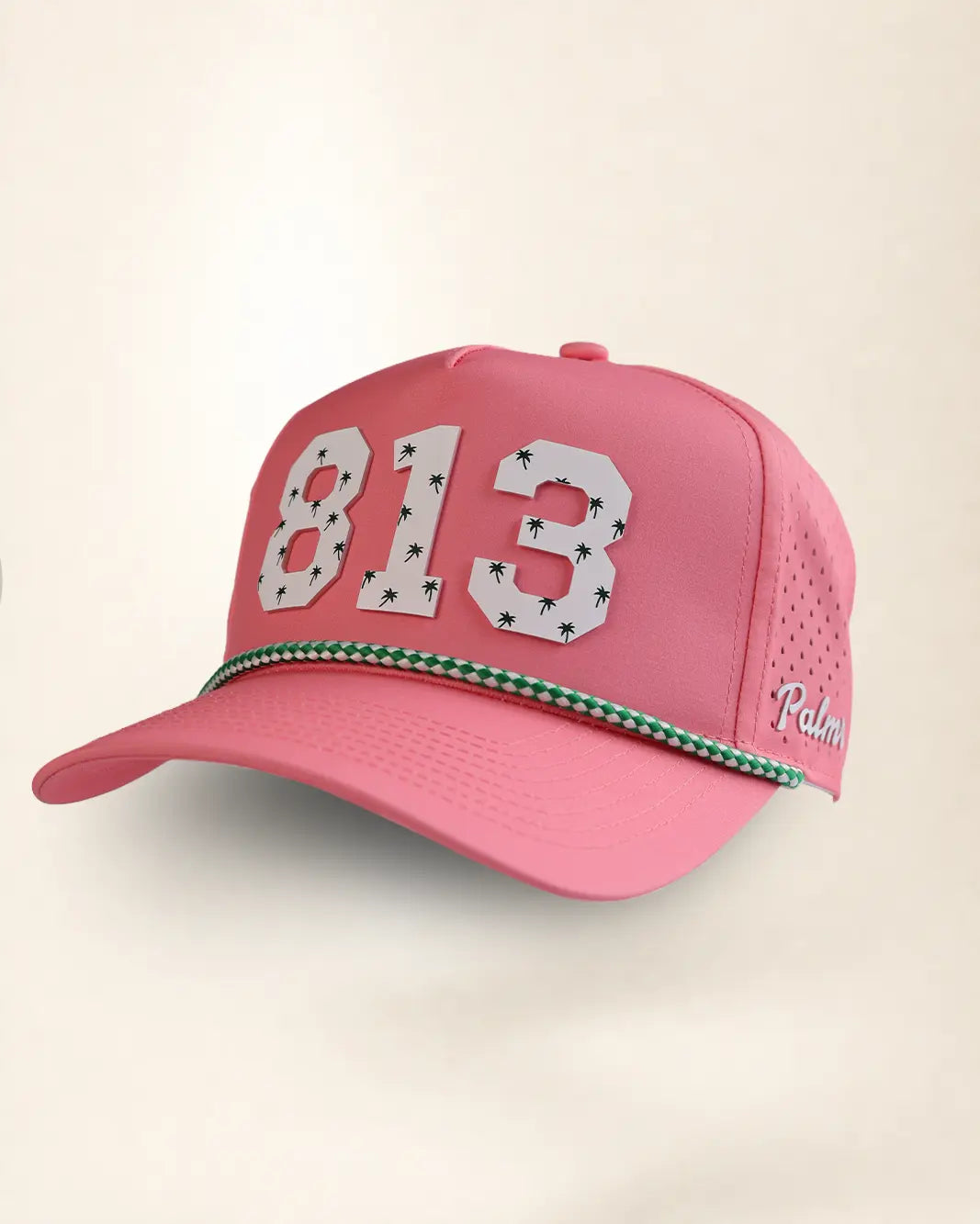Pink 813 hat with palm design, water-resistant and stylish for Florida heat