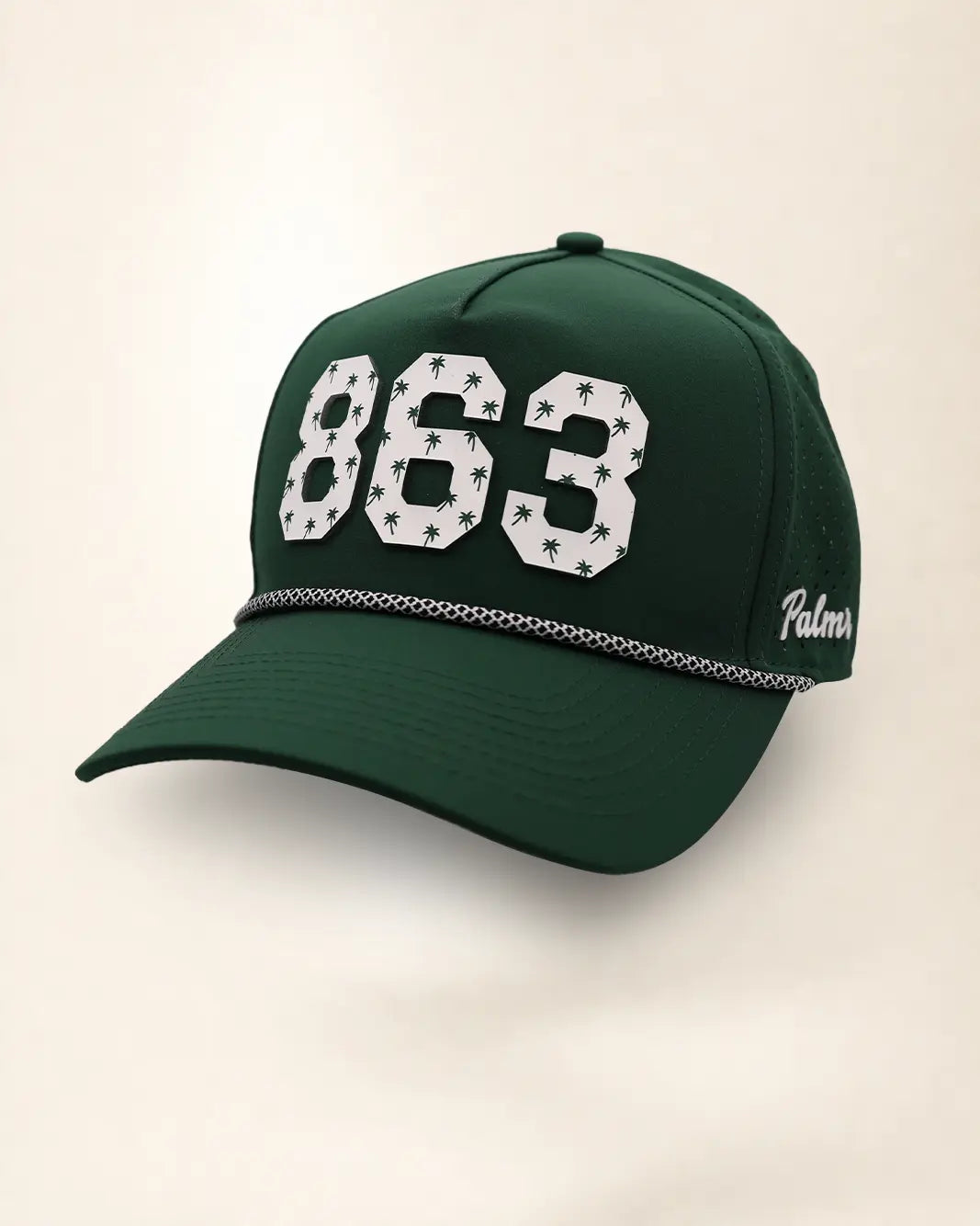 The 863 Signature Hat (Green): dark green rope snapback, white 863 with small green palm trees, black and white braided rope, perforated sides.