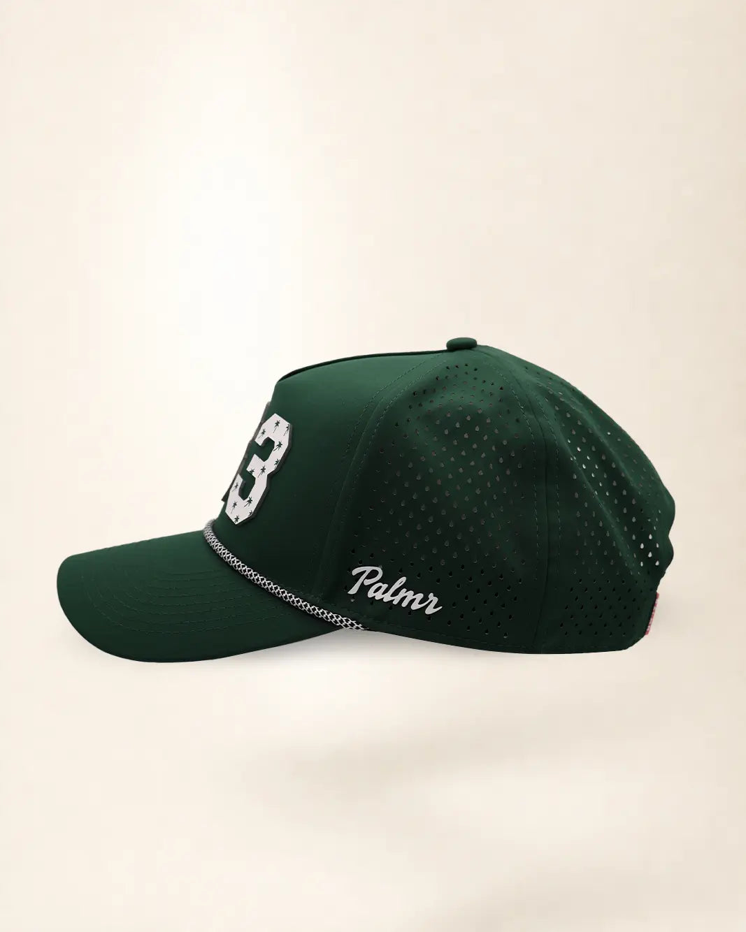 The 863 Signature Hat (Green): dark green rope snapback, white 863 with small green palm trees, black and white braided rope, perforated sides.