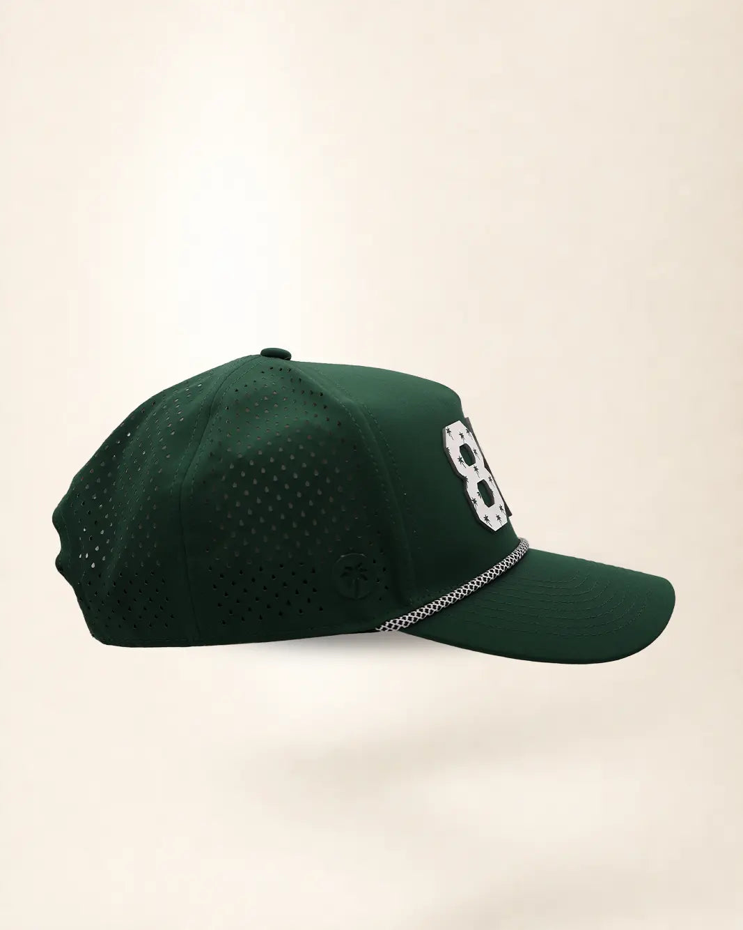 The 863 Signature Hat (Green): dark green rope snapback, white 863 with small green palm trees, black and white braided rope, perforated sides.