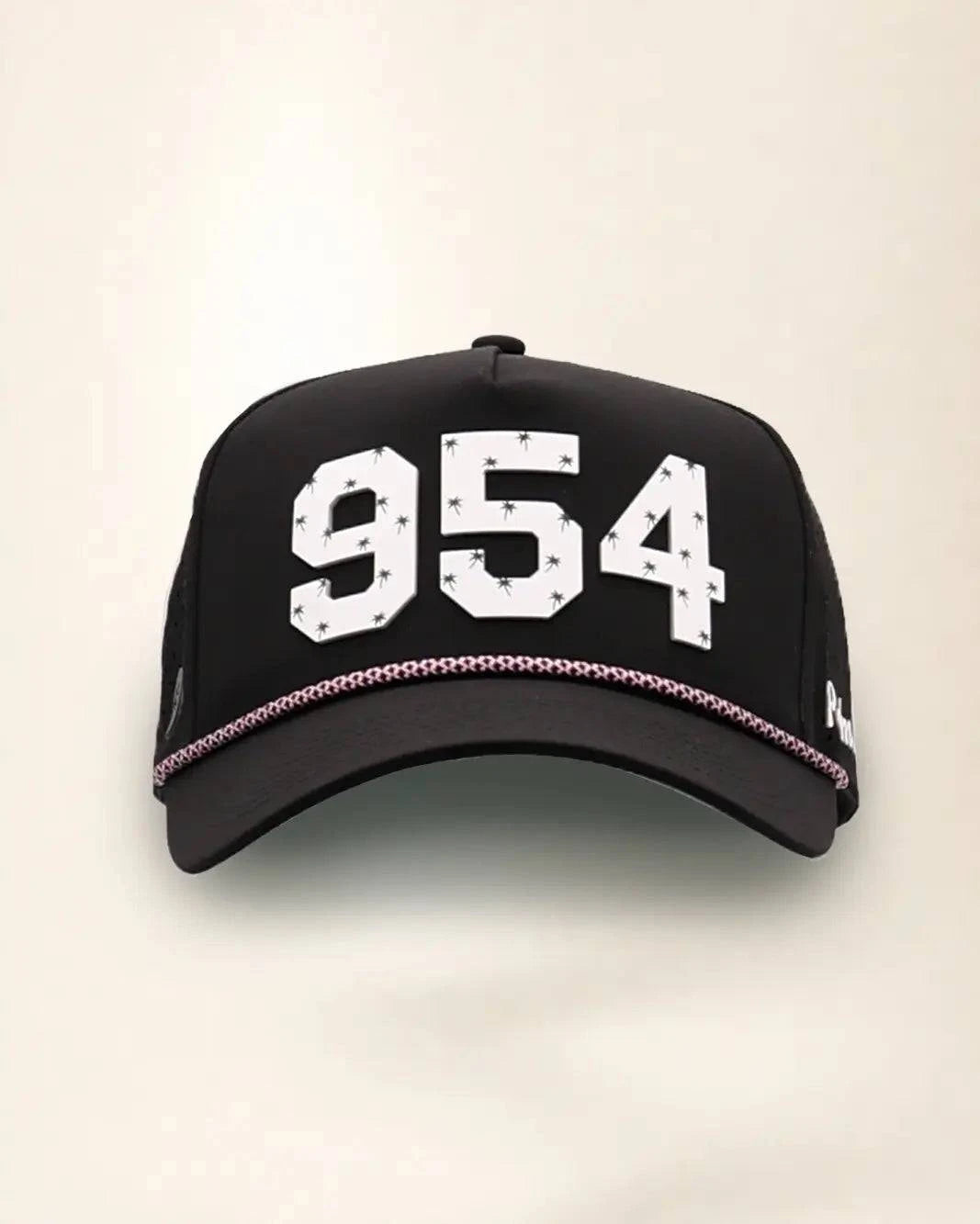 Black 954 hat with palm design, water-resistant and stylish for Florida heat