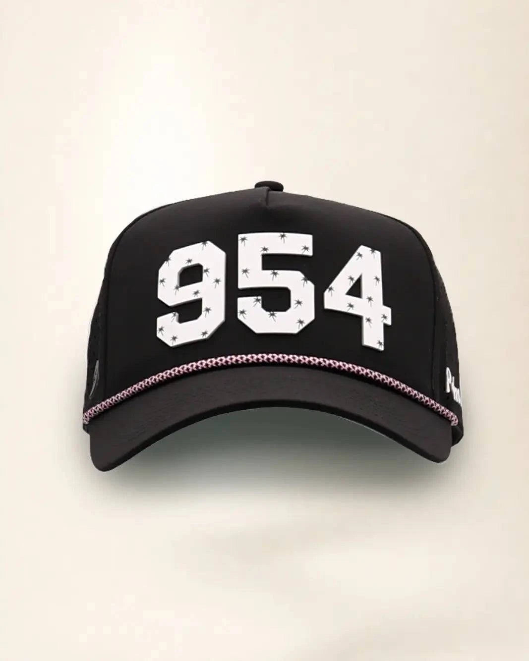 Black 954 hat with palm design, water-resistant and stylish for Florida heat