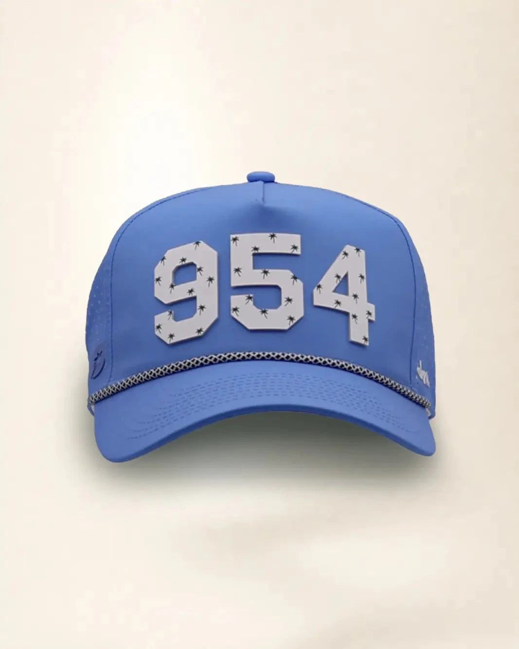 Blue 954 hat with palm design, water-resistant and stylish for Florida heat