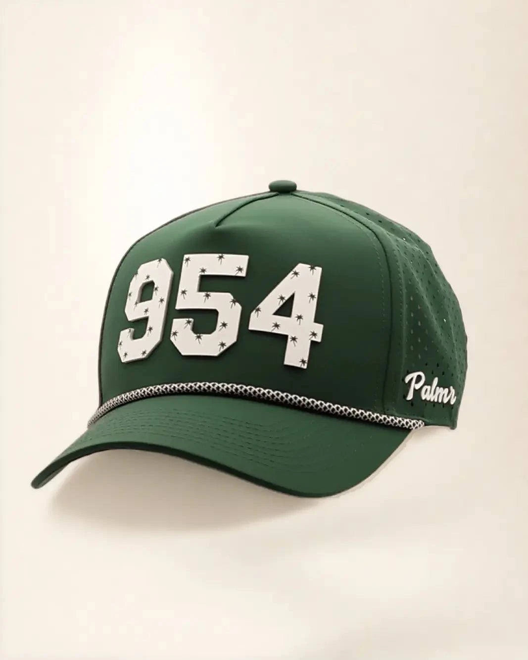 Green 954 hat with palm design, water-resistant and stylish for Florida heat