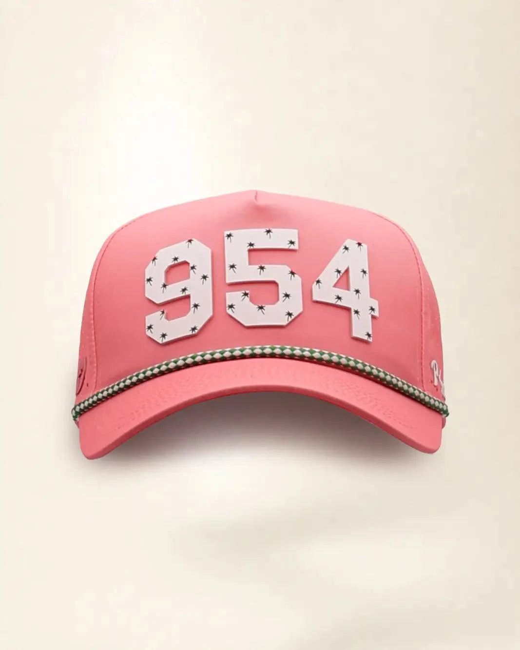Pink 954 hat with palm design, water-resistant and stylish for Florida heat
