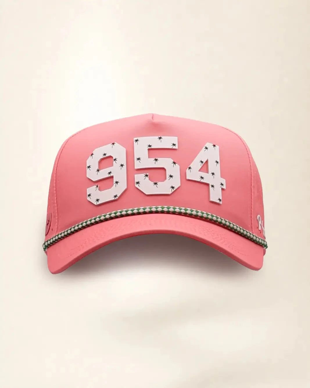 Pink 954 hat with palm design, water-resistant and stylish for Florida heat