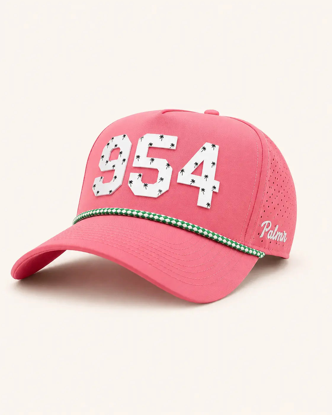 Pink cap with '954' and 'Palmer' text on a white background