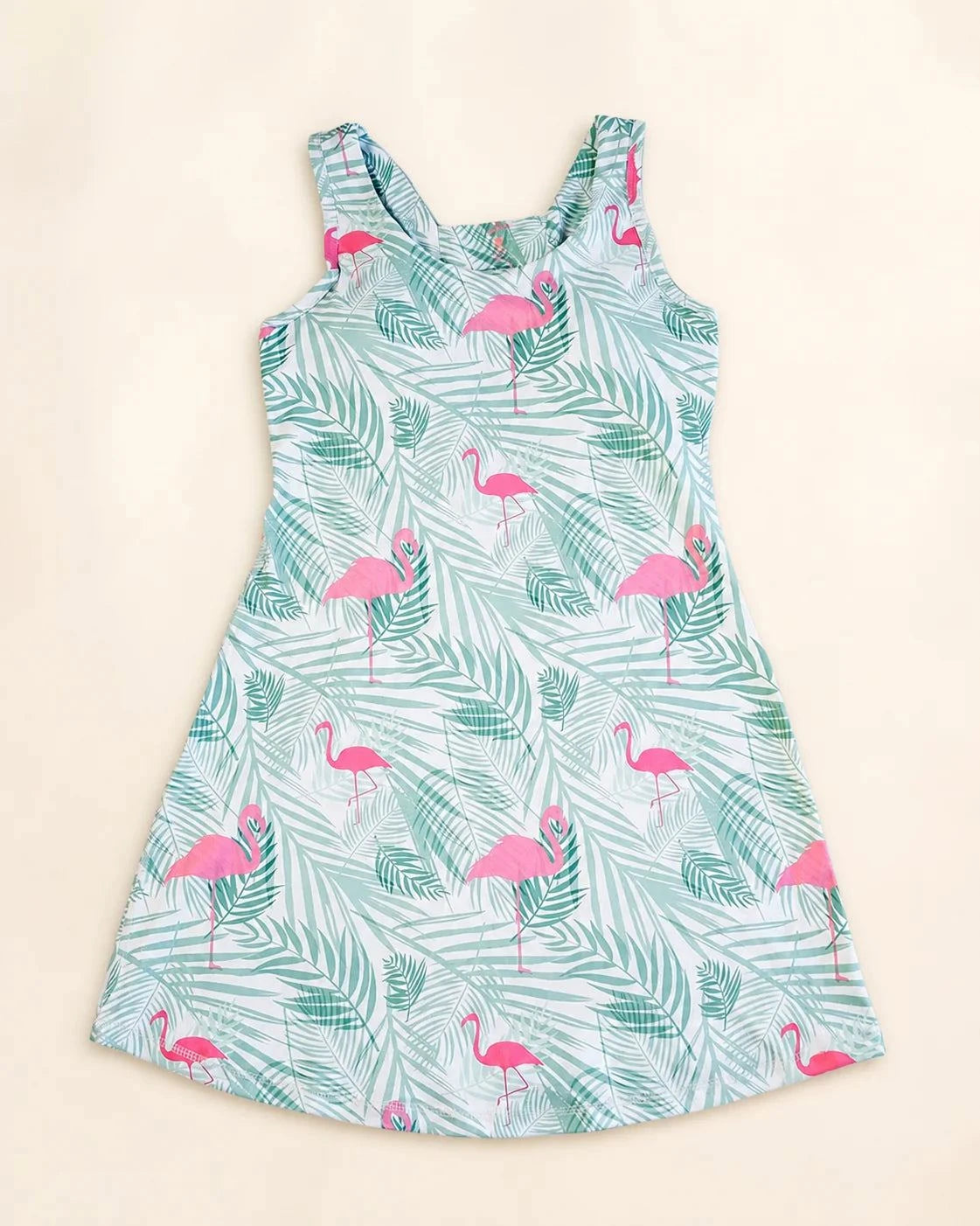 The Ace Dress Island Breeze white with palm leaves and flamingos, sporty and casual fit