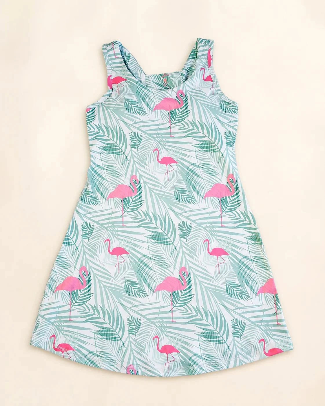 The Ace Dress Island Breeze white with palm leaves and flamingos, sporty and casual fit
