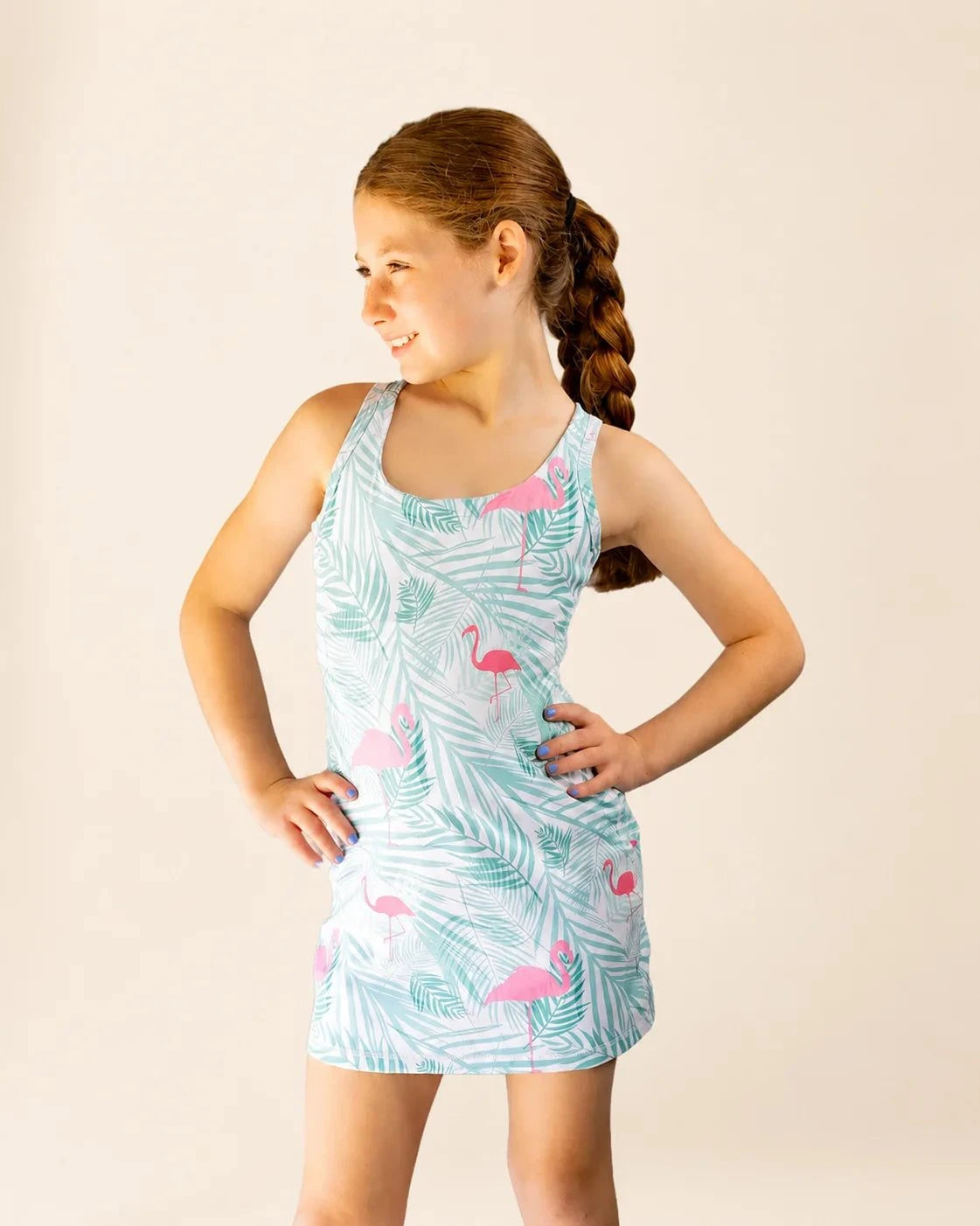 Ace Kids Dress Island Breeze with pink flamingos and seafoam palm fronds pattern