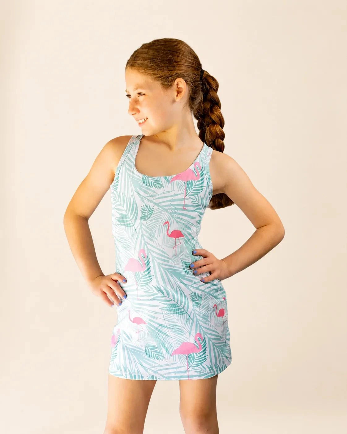 Ace Kids Dress Island Breeze with pink flamingos and seafoam palm fronds pattern