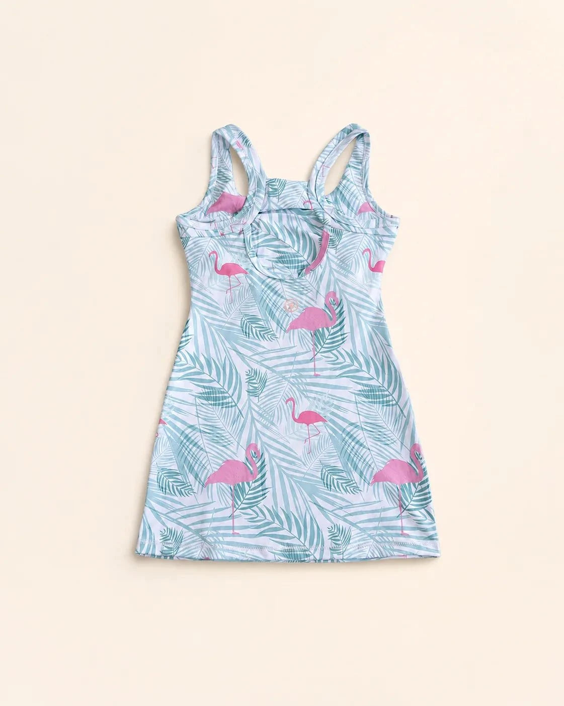 Ace Kids Dress Island Breeze with pink flamingos and palm fronds, pump-friendly shorts and family-coordinated print